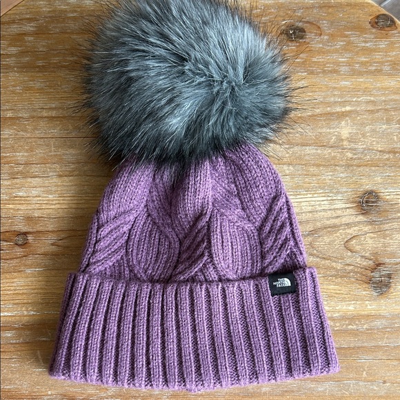 The North Face Other - The North Face Youth Purple Knit Beanie with Fluffy Gray Pom-Pom